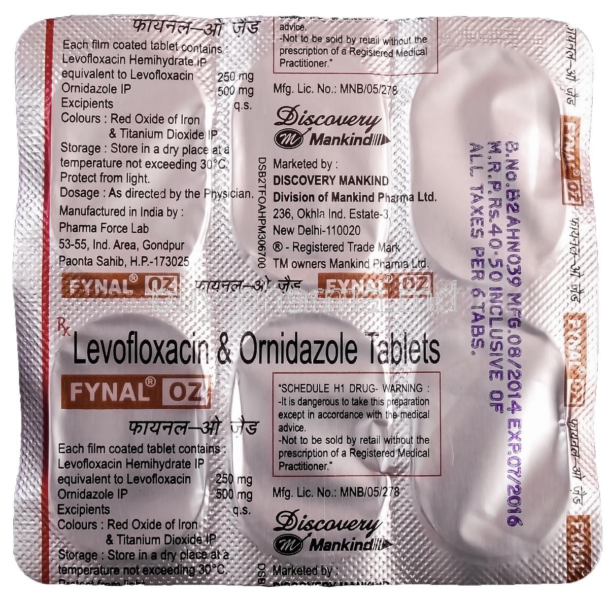 Fynal OZ, Levofloxacin 250mg and Ornidazole 500mg Tablet Strip Information