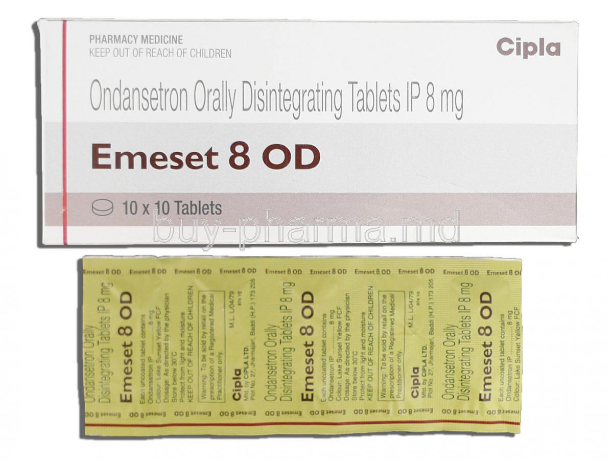 Emeset 8 OD, Generic Zofran, Ondansetron Orally Disintegrating 8mg, Box and Strip