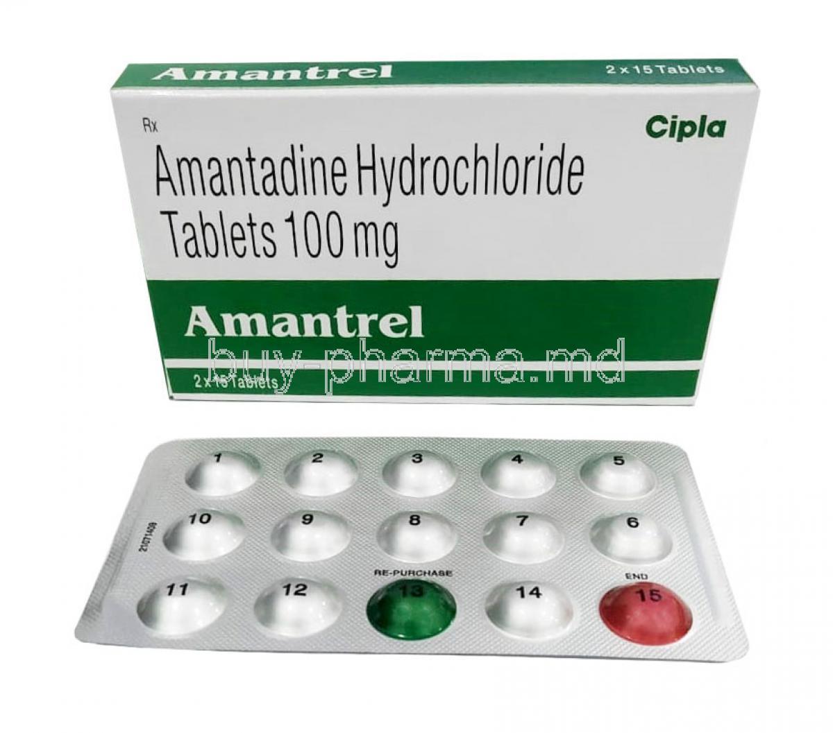 Amantrel, Amantadine 100mg, Tablet, Cipla, Box, Blisterpack