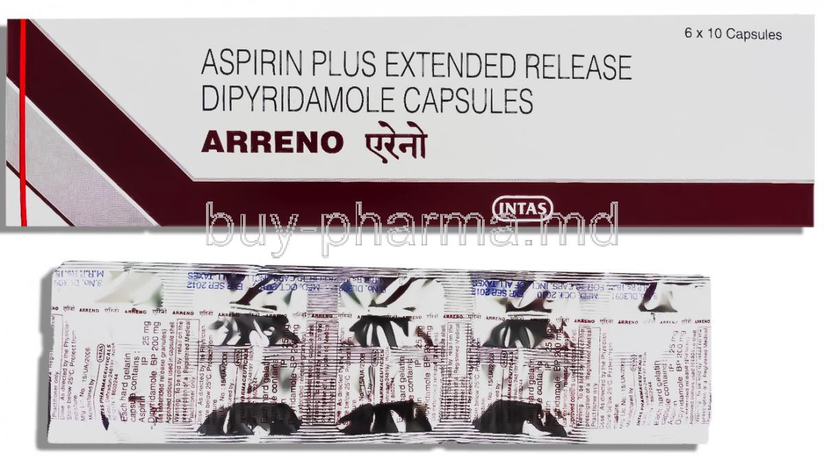 Arreno, Generic Aggrenox,   Aspirin/ Dipyridamole 25 Mg/ 200 Mg Tablet (Intas)