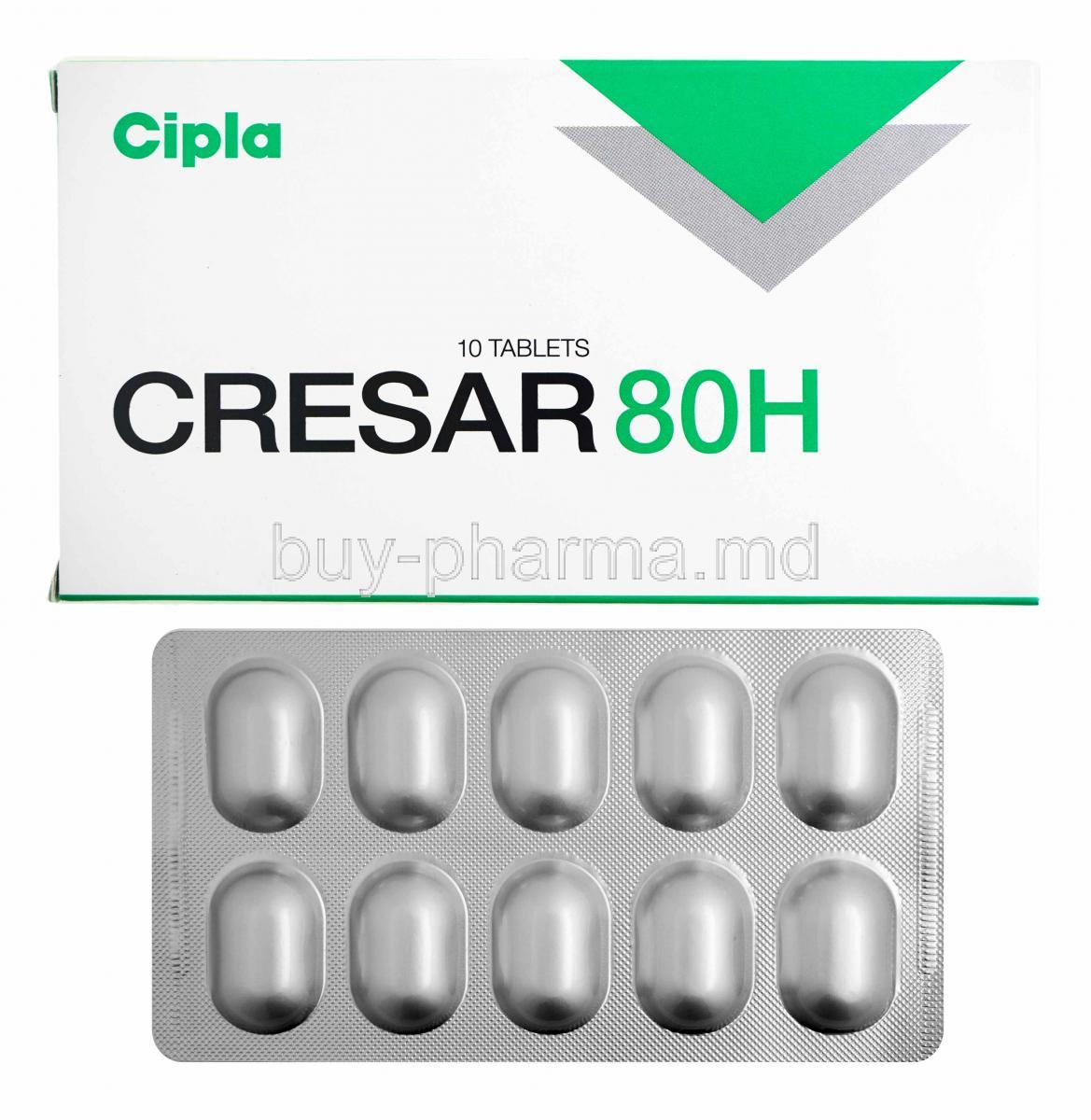 Cresar H, Telmisartan 80mg and Hydrochlorothiazide 12.5mg box and tablets
