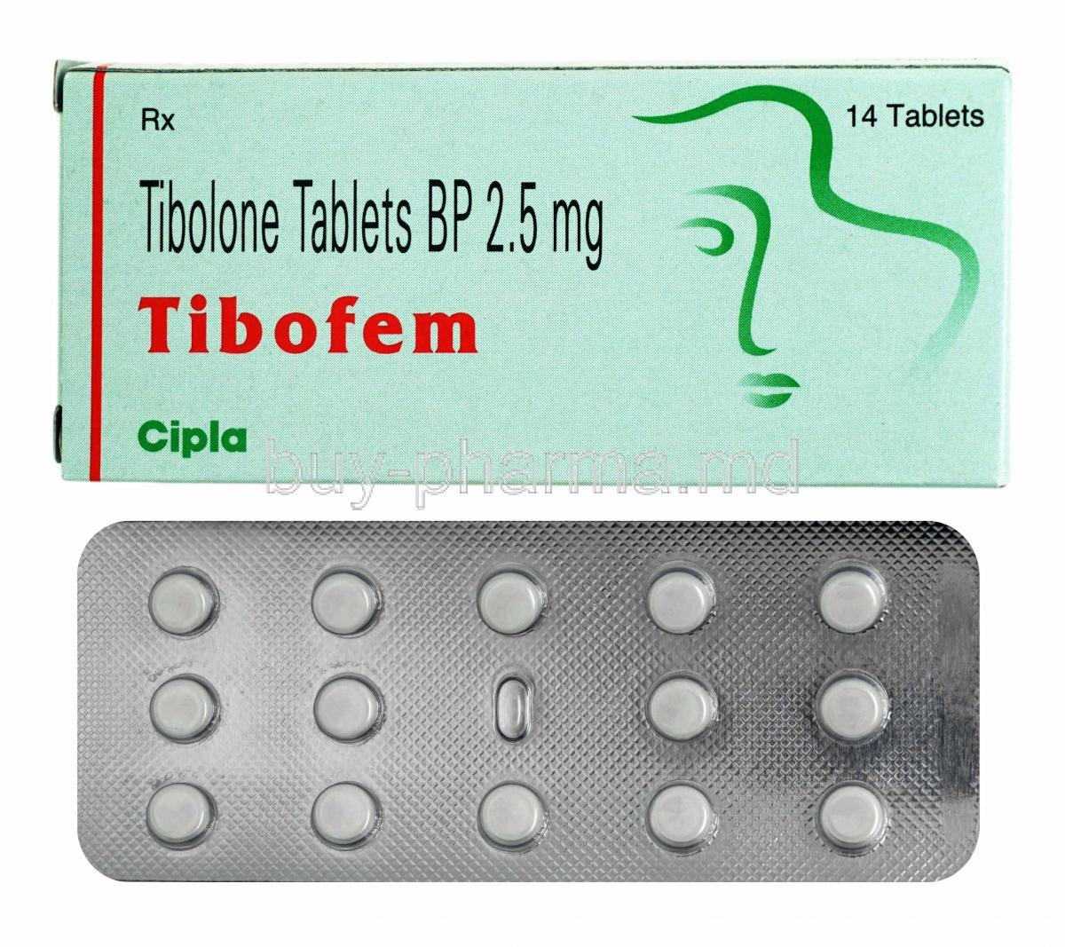 Tibofem, Tibolone 2.5mg box and tablets