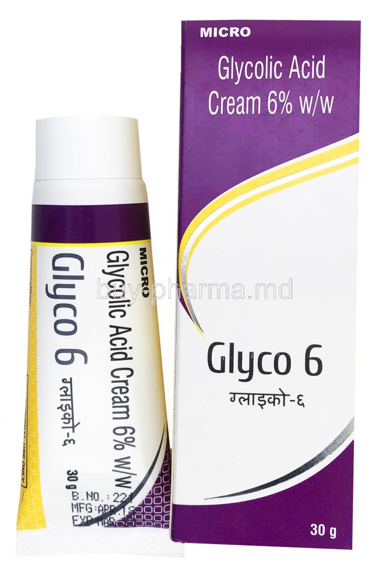 Glyco 6, Glycolic Acid Cream 6%, 30g, box and tube front presentation