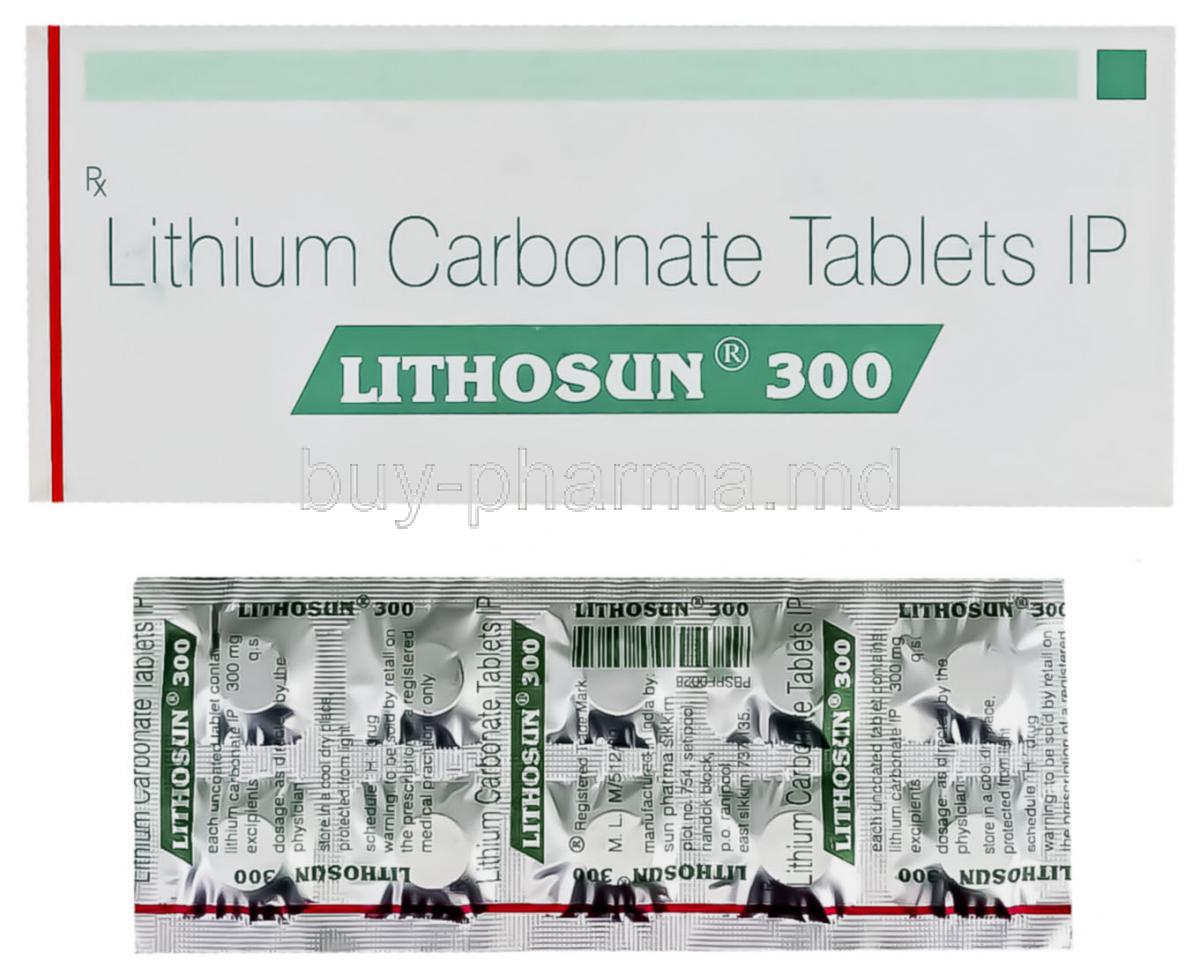 Lithosun, Lithium Carbonate  300 mg (Sun Pharma)  Box and Tablet
