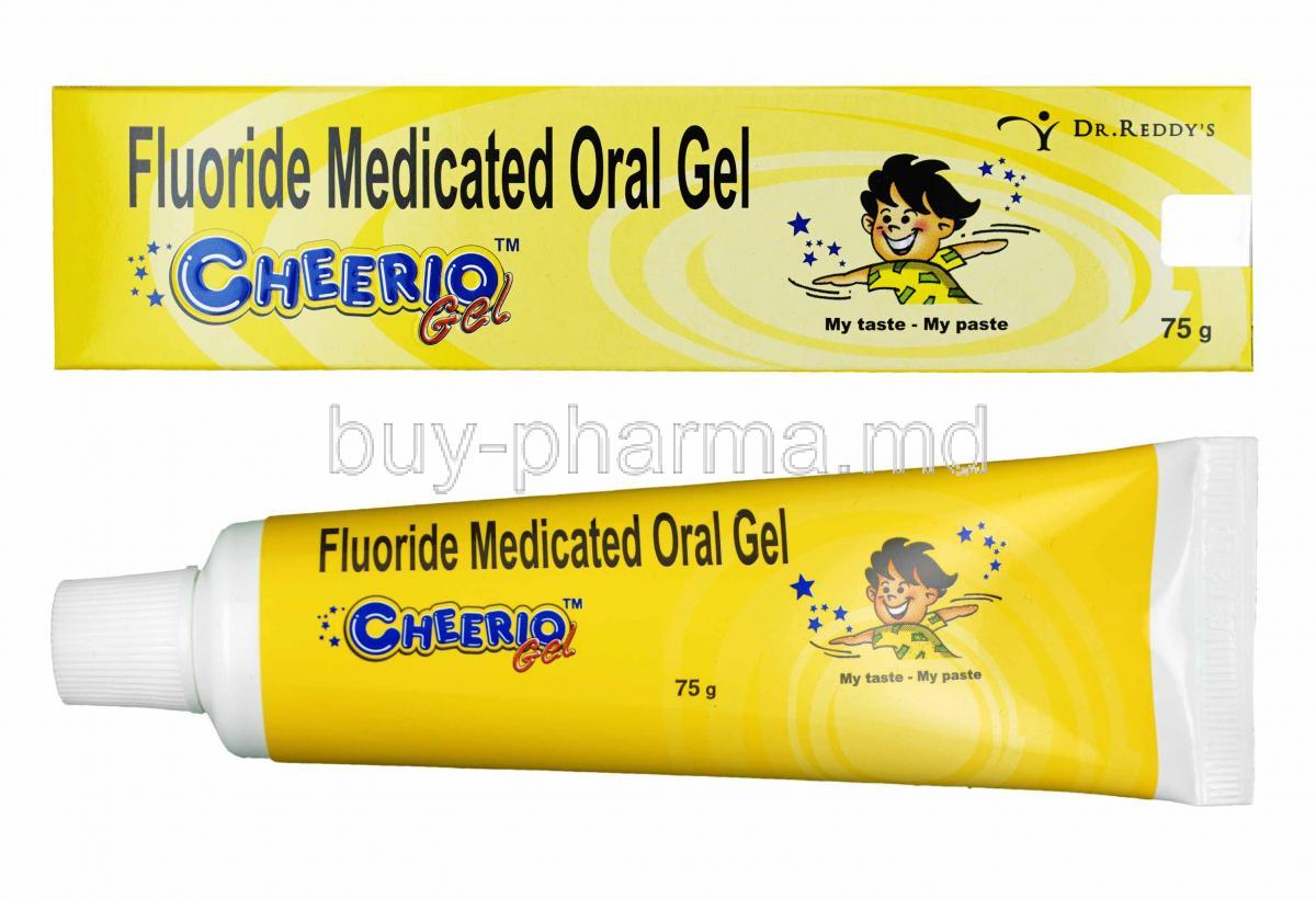 Cheerio Oral Gel, Sodium Monofluorophosphate box and tube