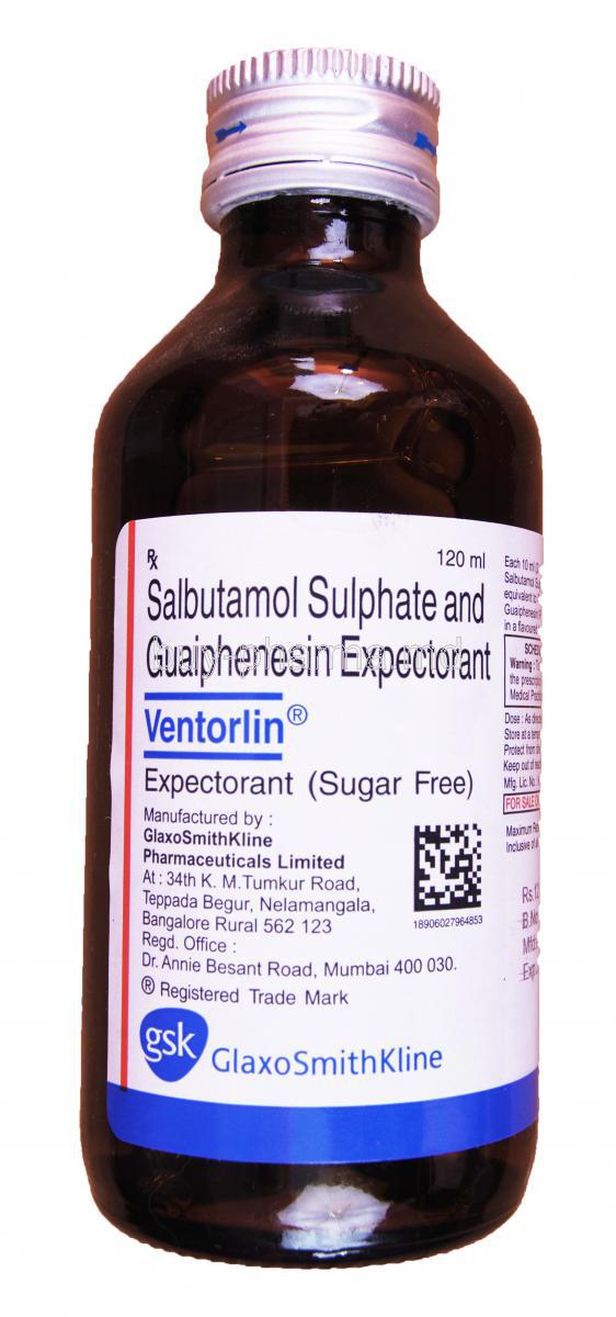 Ventorlin Expectorant, Salbutamol 2mg per 10ml and Guaiphenesin 100mg per 10ml 120ml Bottle