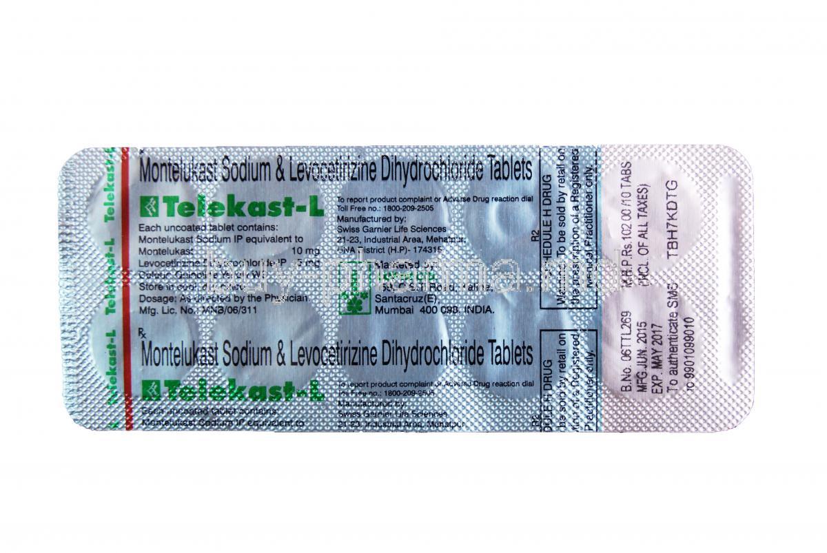 Telekast-L, Generic Rid-AR, Montelukast 10mg and Levocetirizine Dihydrochloride 5 mg Tablet Strip Information