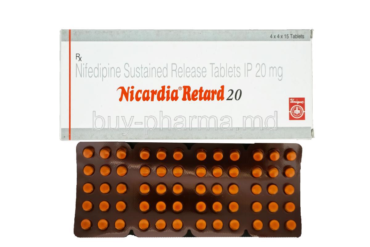 Nicardia Retard 20, Generic Procardia, Nifedipine 20mg Sustained Release