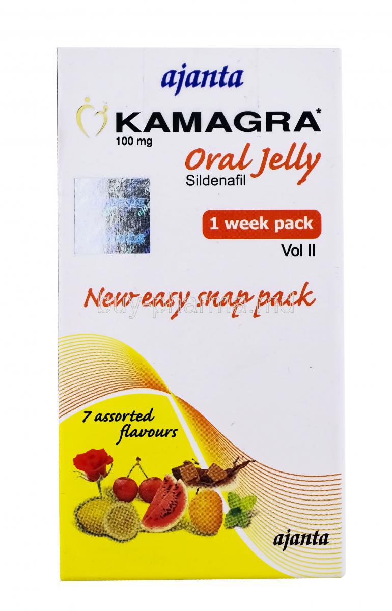 Kamagra, Sildenafil Citrate 100 mg Oral Jelly, Ajanta, 7 assorted flavours, box front presentation