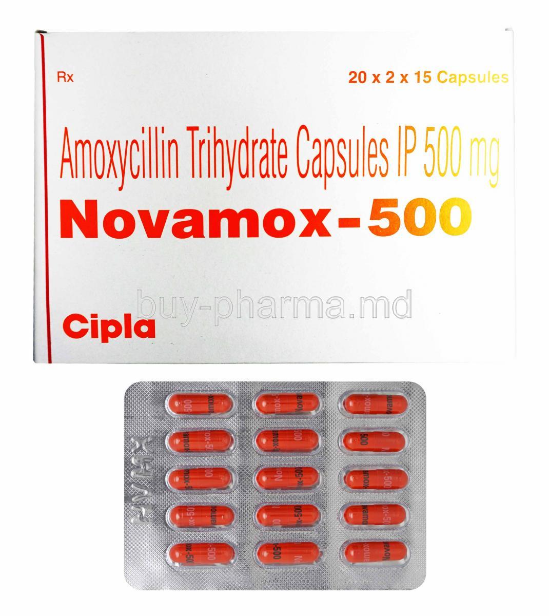 Novamox, Amoxycillin 500mg box and capsules