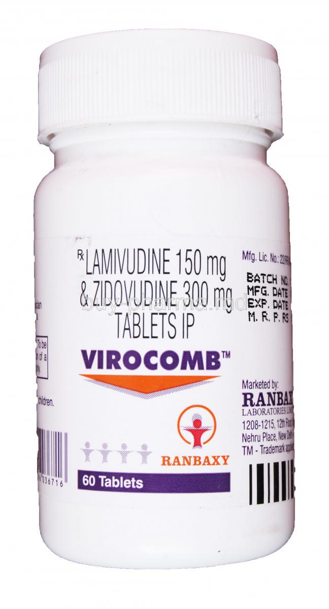 Virocomb, Generic Combivir, Lamivudine 150mg and Zidovudine 300mg Bottle