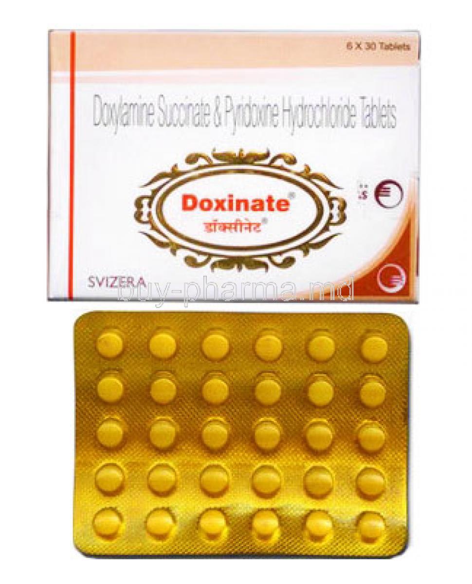 Doxinate,  Pyridoxine and Doxylamine Succinate box and tablets