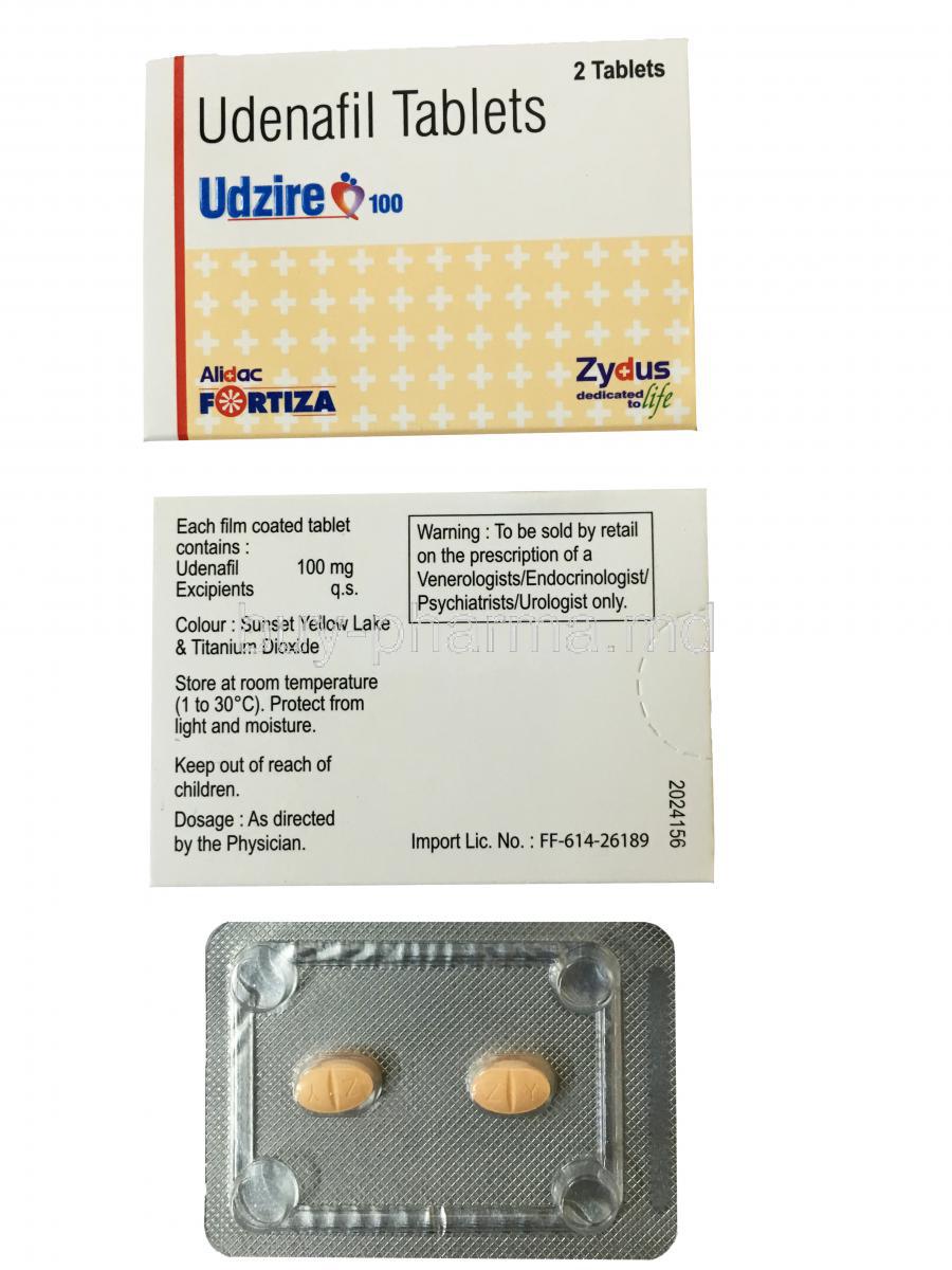 Generic Zydena, Udenafil, 2 Tab 100mg, packaging front and back information with blister