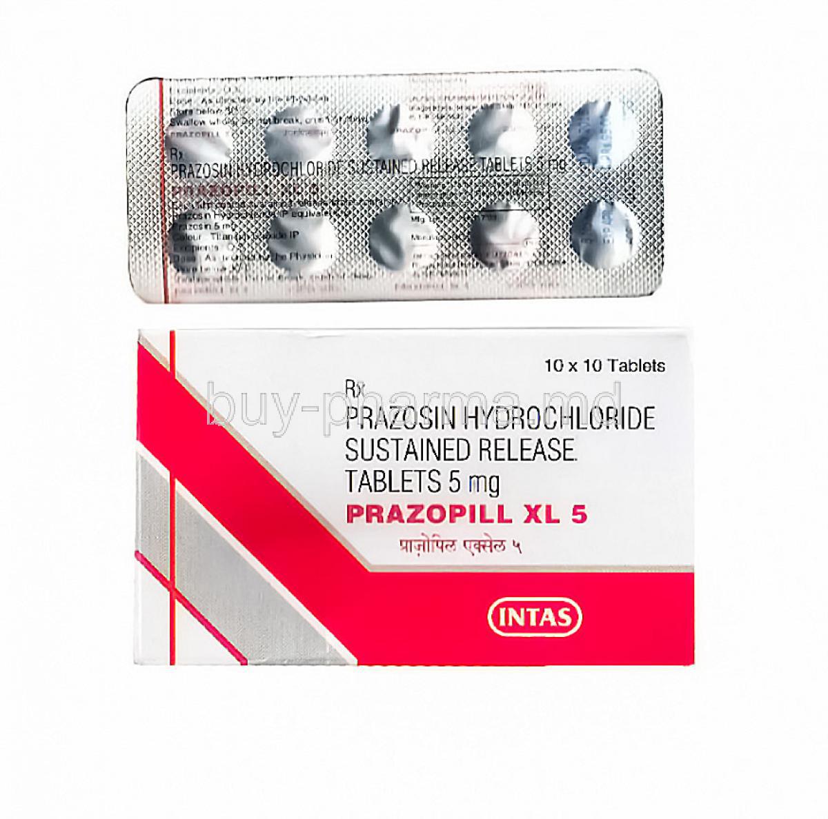 Generic Minipress XL, Prazosin hydrochloride sustained release, 10 x 10 tabs ( Prazopill XL) 5mg , box packging and blister