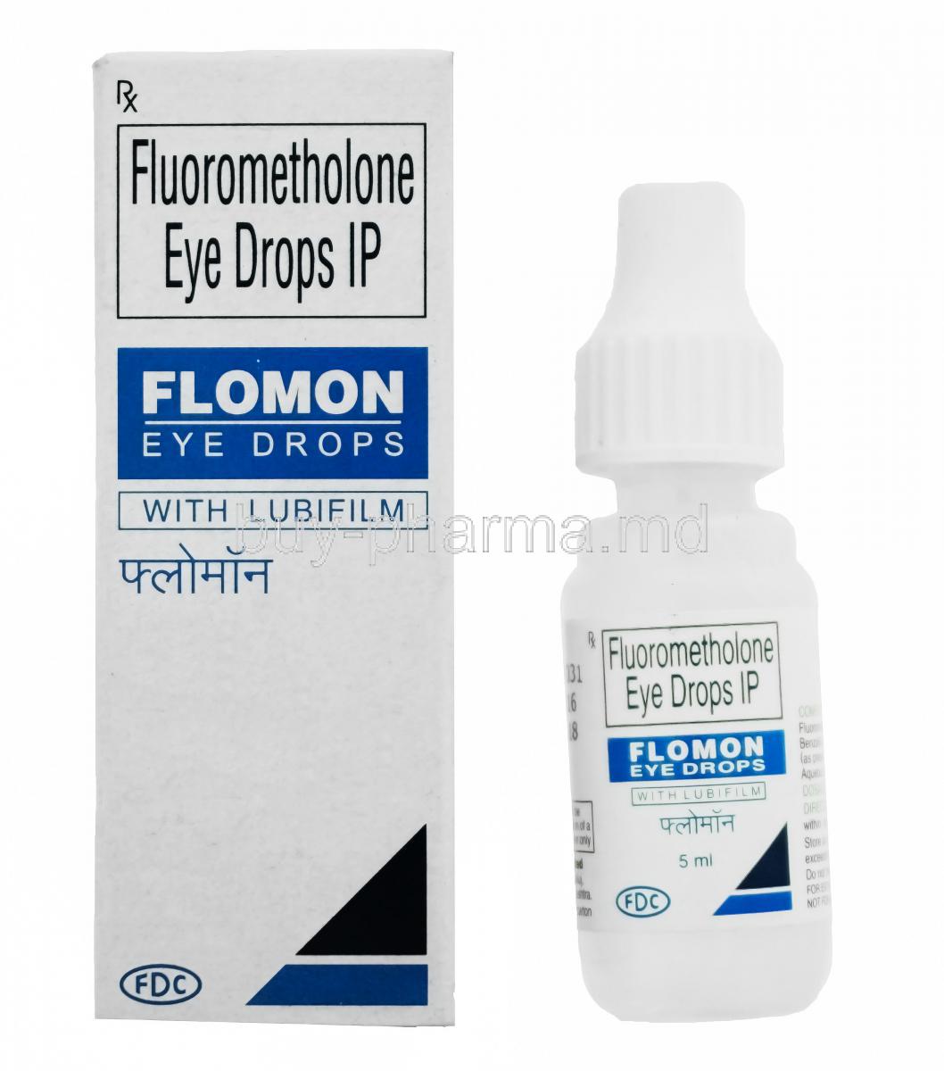 Fluorometholone Eye Drops, With Lubifilm, 5ml, Box and bottle front presentation, FDC