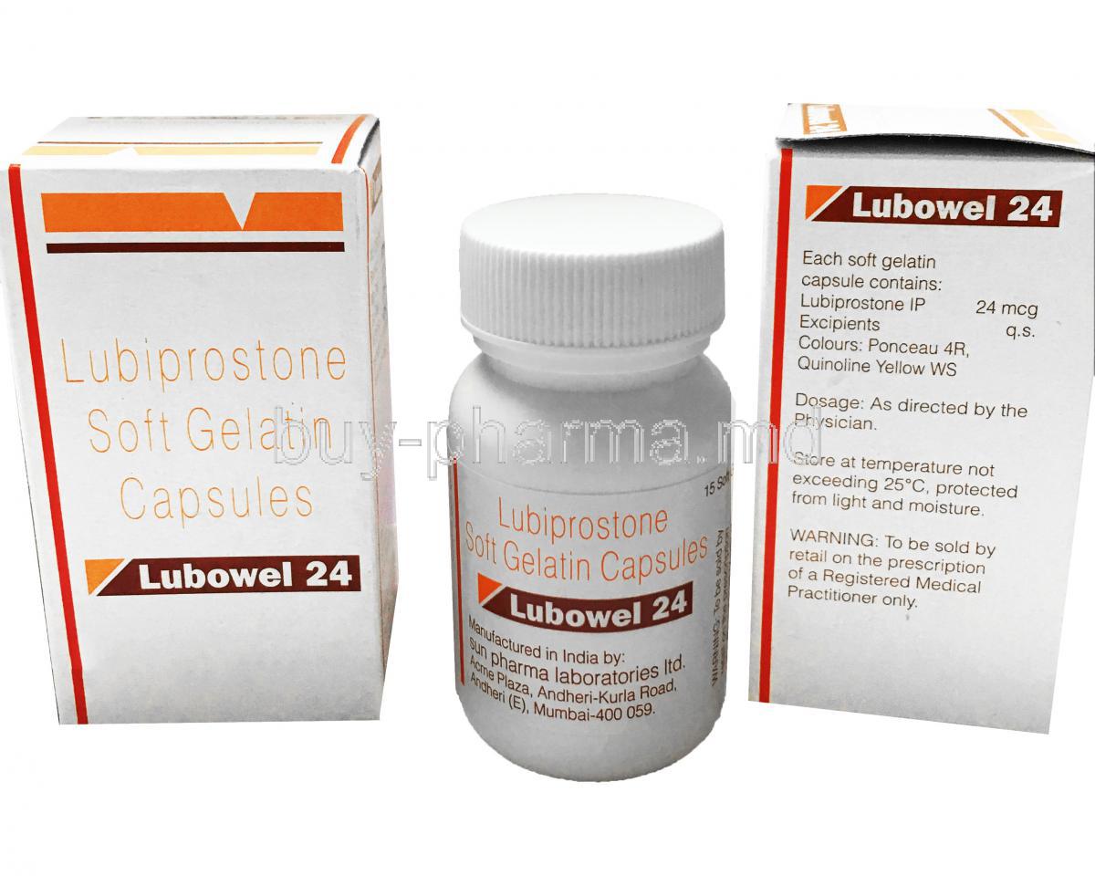 Generic Amitiza, Lubiprostone, Lubowel 24, Lubiprostone Soft Gelatin Capsules, Box front and side view with capsule bottle