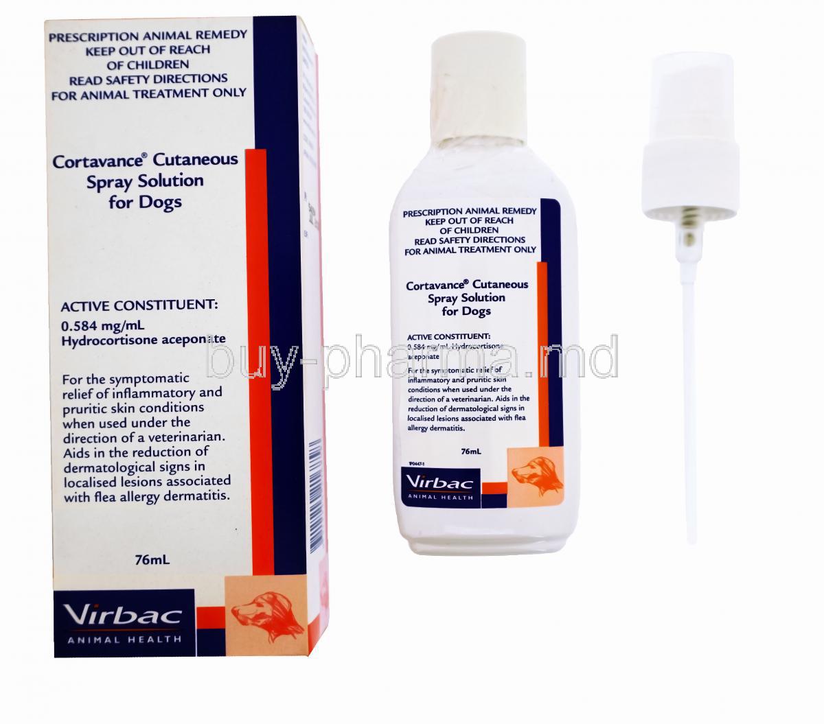 Cortavance Cutaneous Spray solution for dogs, 0.584mg/ml, 76ml, box and bottle front presentation with spray nozzle, warning instructions and use of product explanation