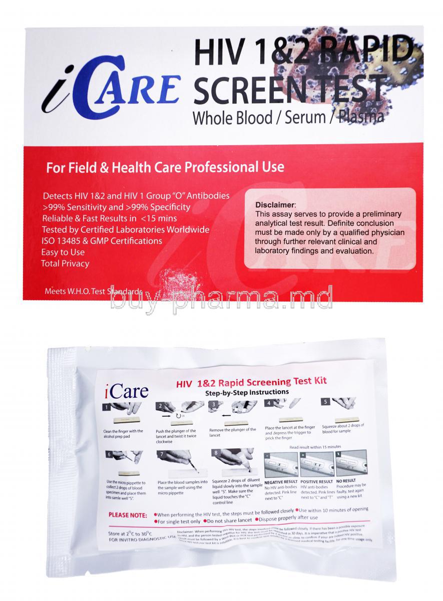Icare HIV 1&2 Rapid Screen Test, whole blood/ serum/ plasma, Box and insert package front presentaion with information