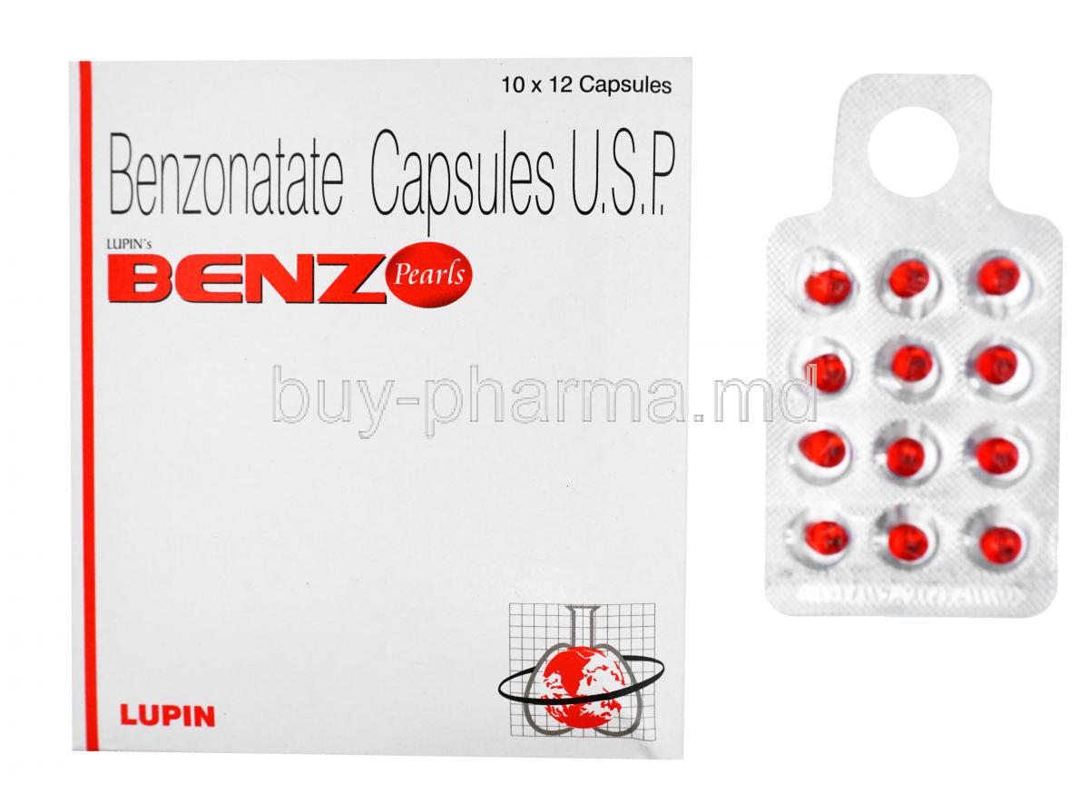 Generic Tessalon, Benz Pearls, Benzonatate Capsules, Lupin, Box and blister pack front presentation