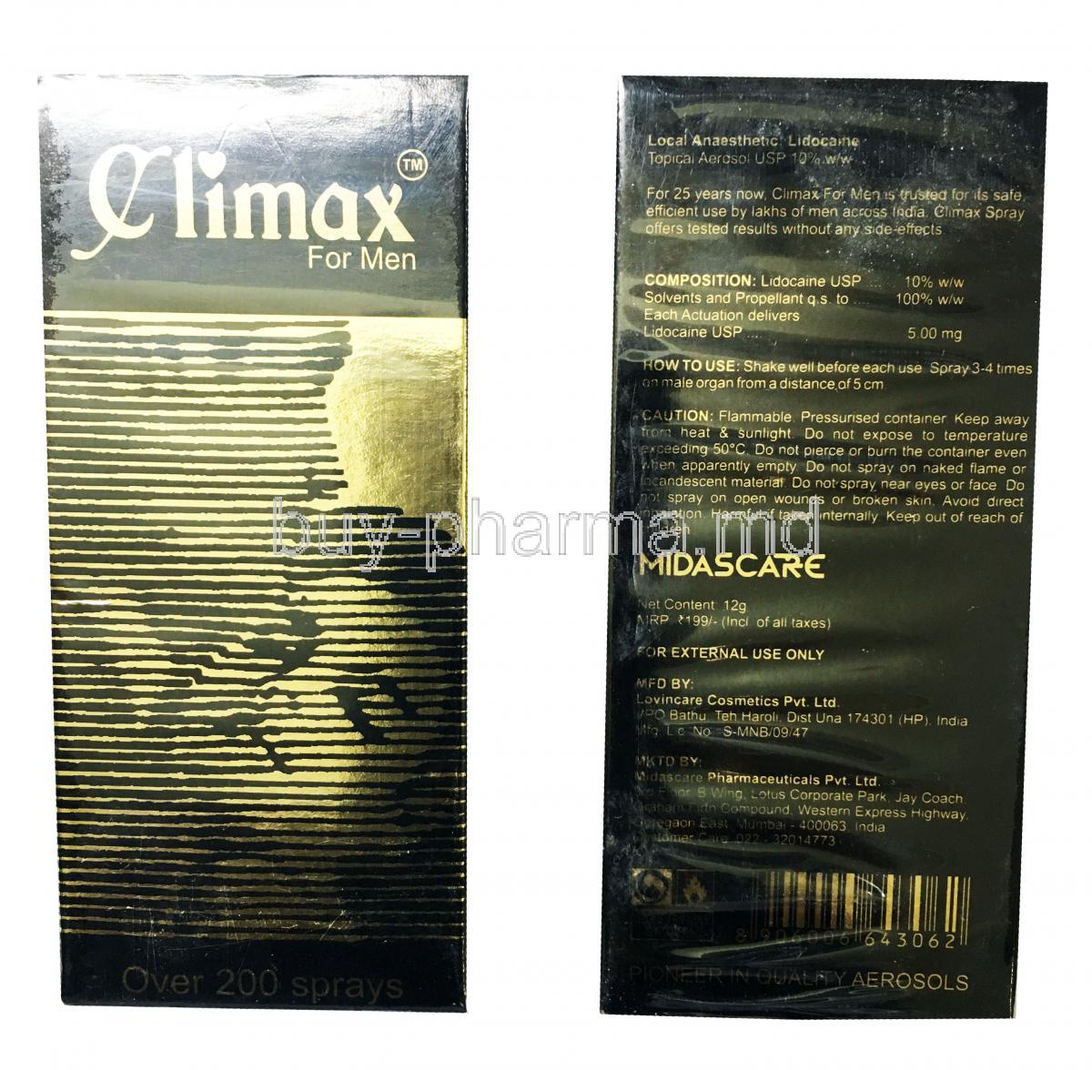 Climax, Lidocaine Spray, For Men, Box front and back presentation, Midascare