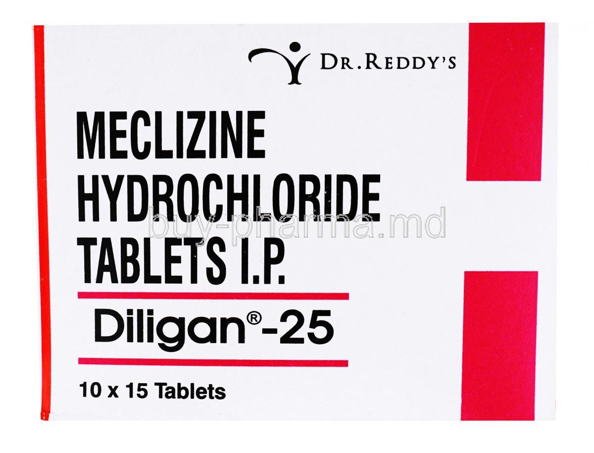 Generic Antivert, Meclizine Hydrochloride Tablets I.P, Diligan - 25, 10 x 15 tablets, Dr. Reddy's, box front presentation