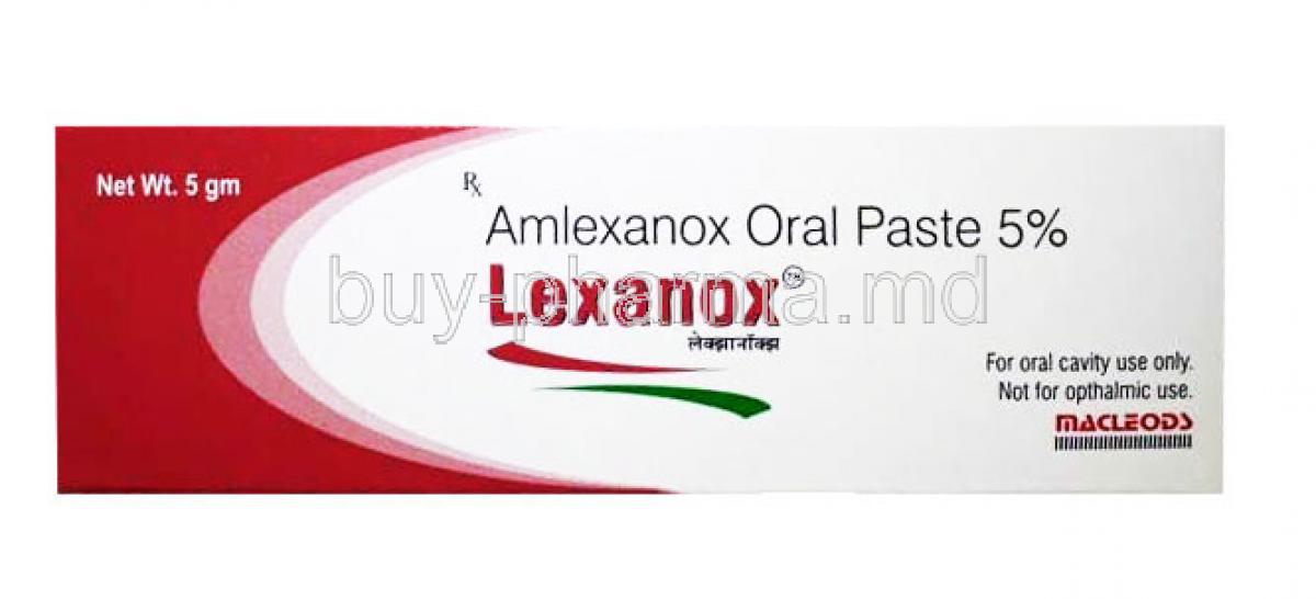 Amlexanox Oral Paste, Lexanox, 5gm,  Macleods, box front presentation