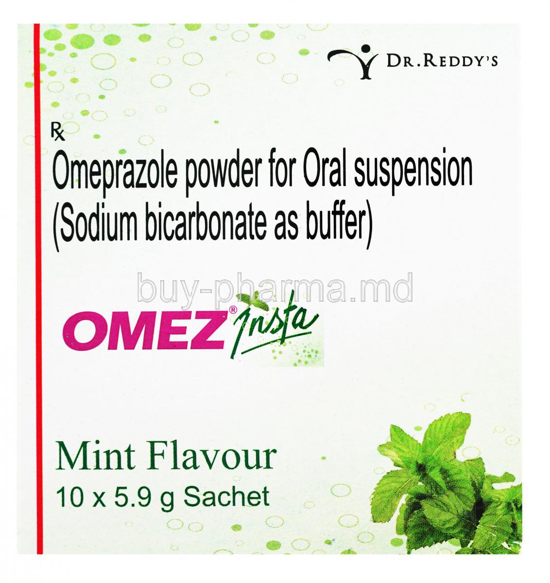 Omez Insta Mint Flavour Sachet,Omeprazole Powder for oral suspension,  Sodium Bicarbonate as buffer, Dr.Reddy's, box front presentation