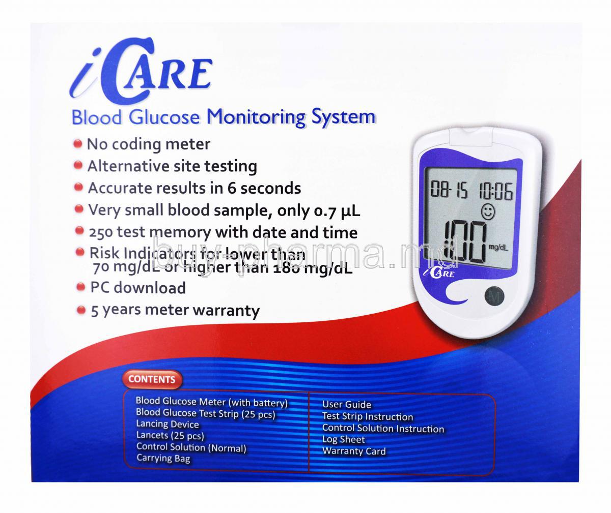 Icare Blood Glucose Monitoring system, Box front presentations, contents list.