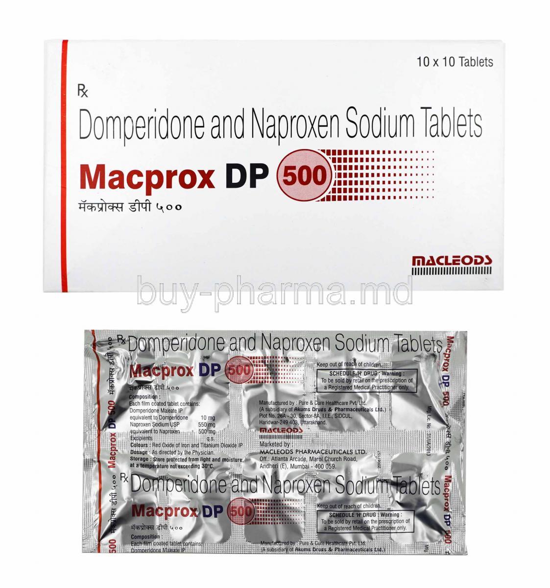 Macprox DP, Naproxen and Domperidone 500mg box and tablets