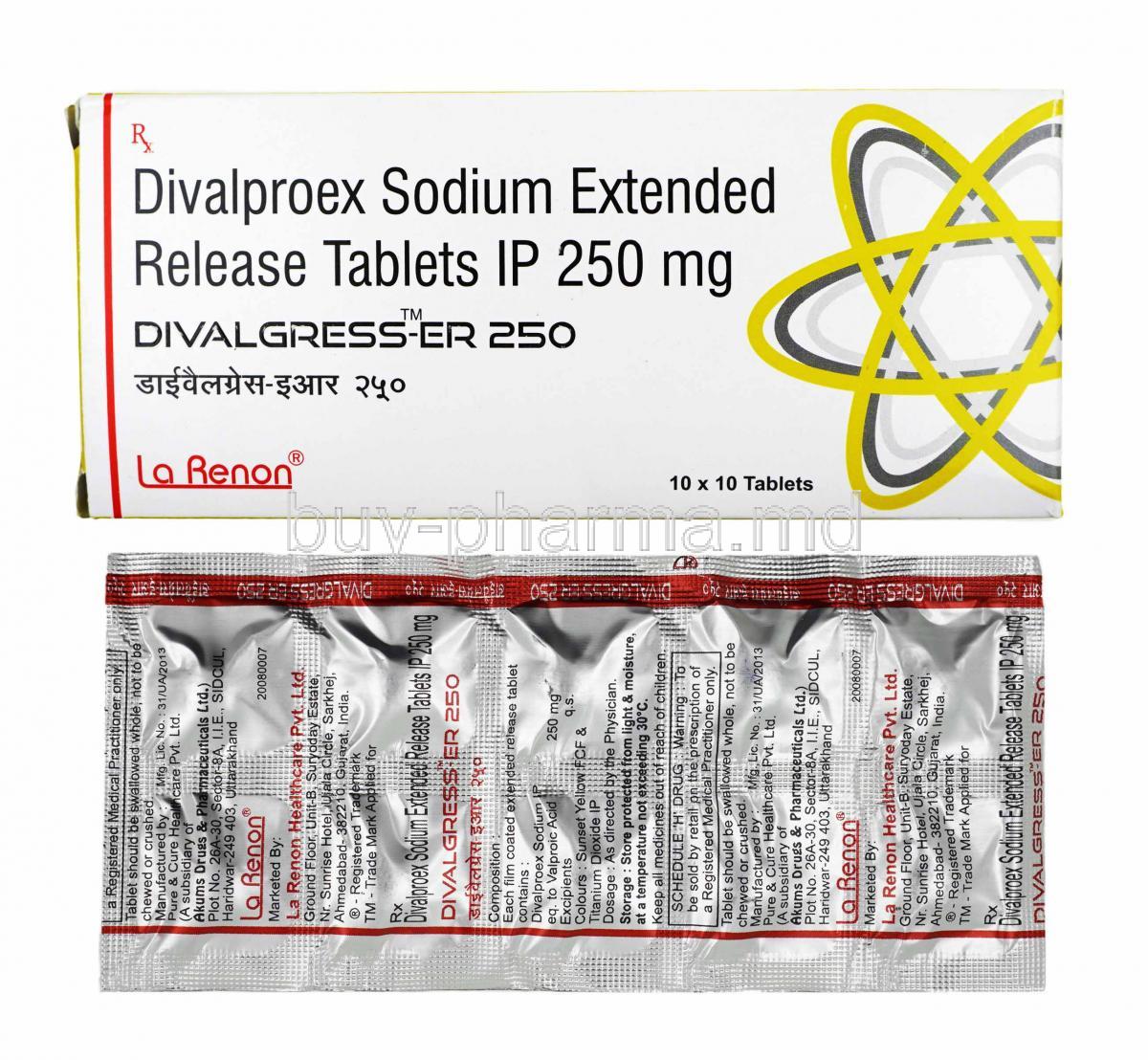 Divalgress, Divalproex 250mg box and tablets