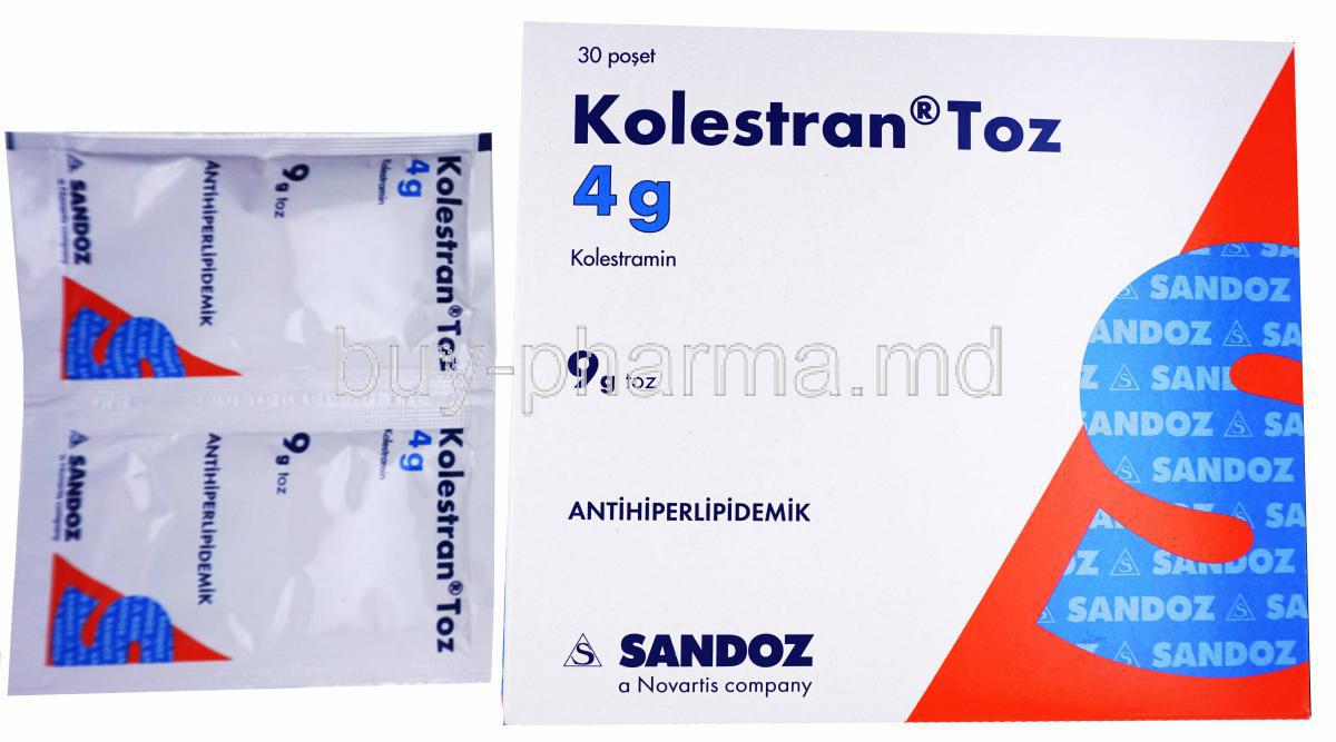 Kolestran, Cholestyramine ( Colestyramine /Kolestramin ) Sachets, Sandoz, Box and sachet front presentation