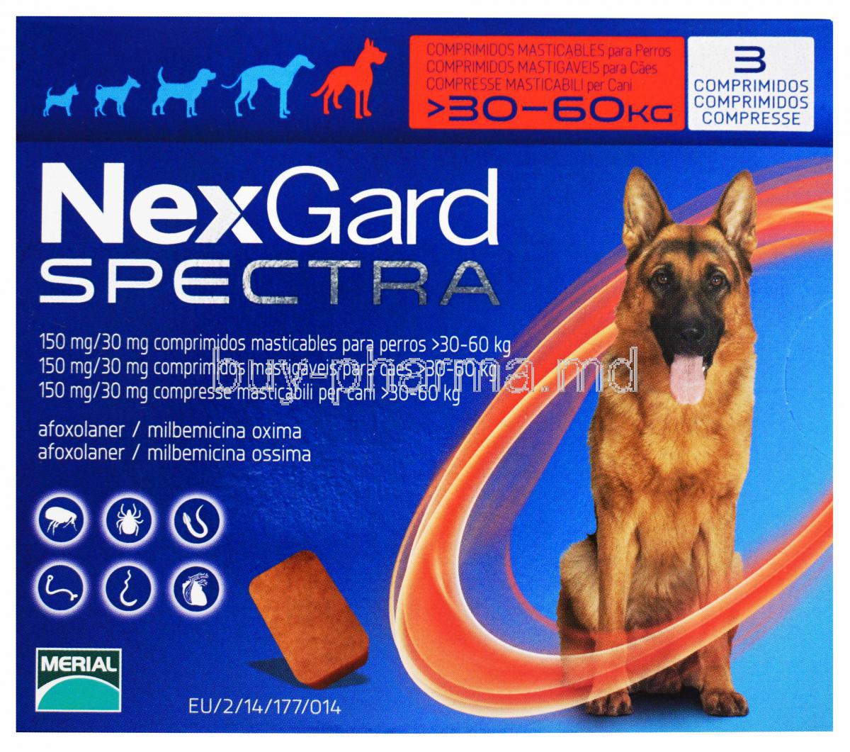 NexGard Spectra, Afoxolaner/ Milbemycin Oxime, >30-60kg, Merial, Box front presentation