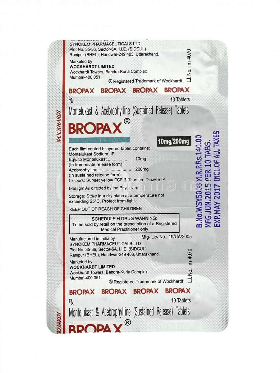 Bropax, Acebrophylline and Montelukast tablets back