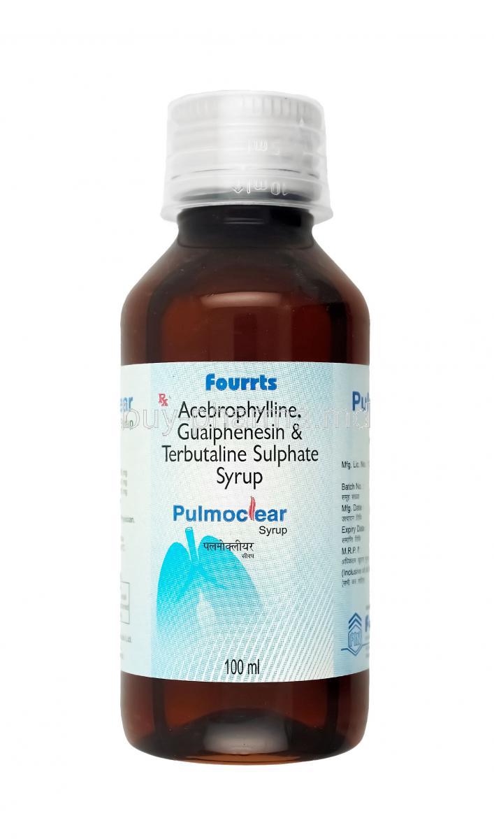 Pulmoclear Syrup, Terbutaline,  Acebrophylline and Guaifenesin bottle