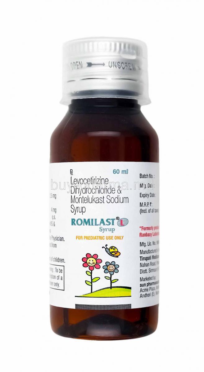 Romilast L Syrup, Levocetirizine and Montelukast bottle