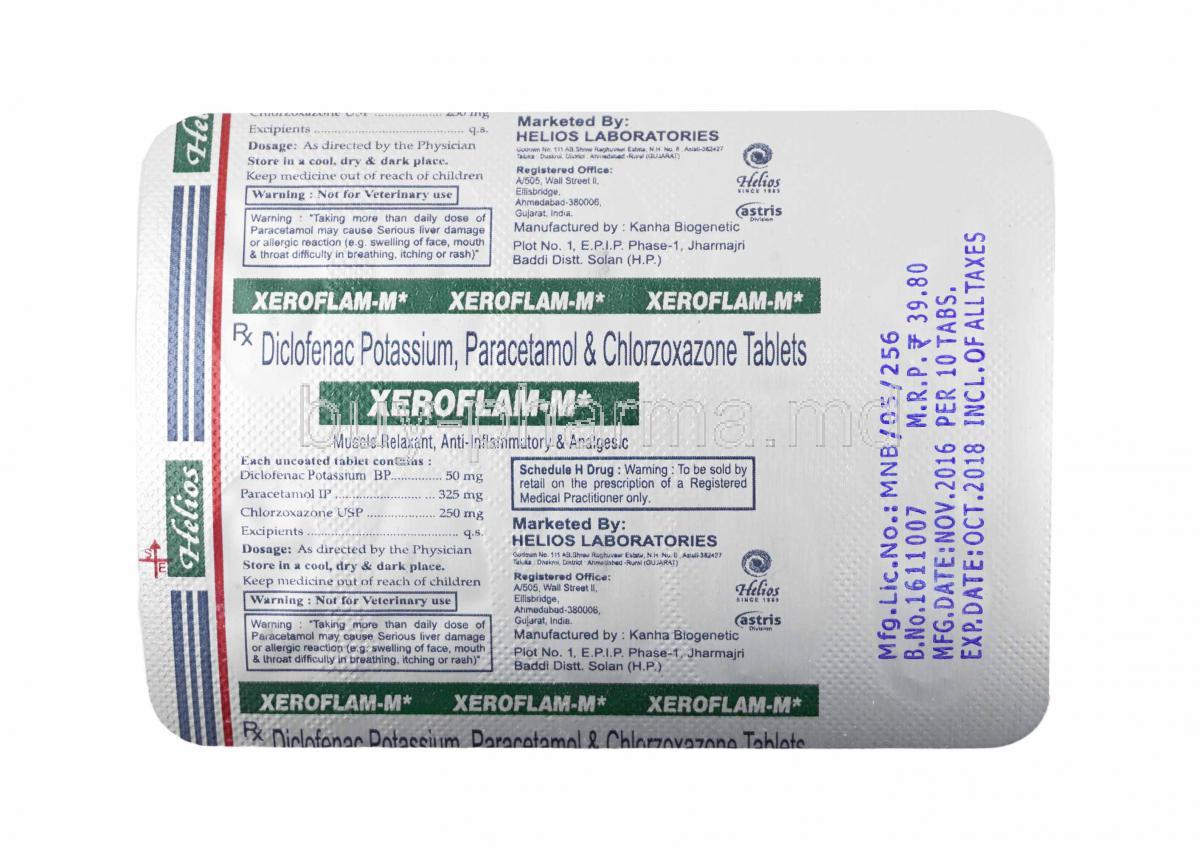 Xeroflam M, Chlorzoxazone, Diclofenac and Paracetamol tablets back
