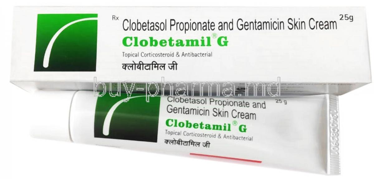 Clobetamil G Cream,Clobetasol 0.05% w/w/ Gentamicin 0.1% w/w, cream 25g, Merck, Box,Tube