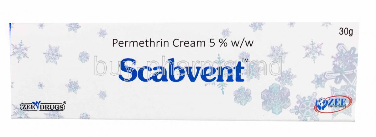 Scabvent, Permethrin Cream 5%, 30g, box front presentation