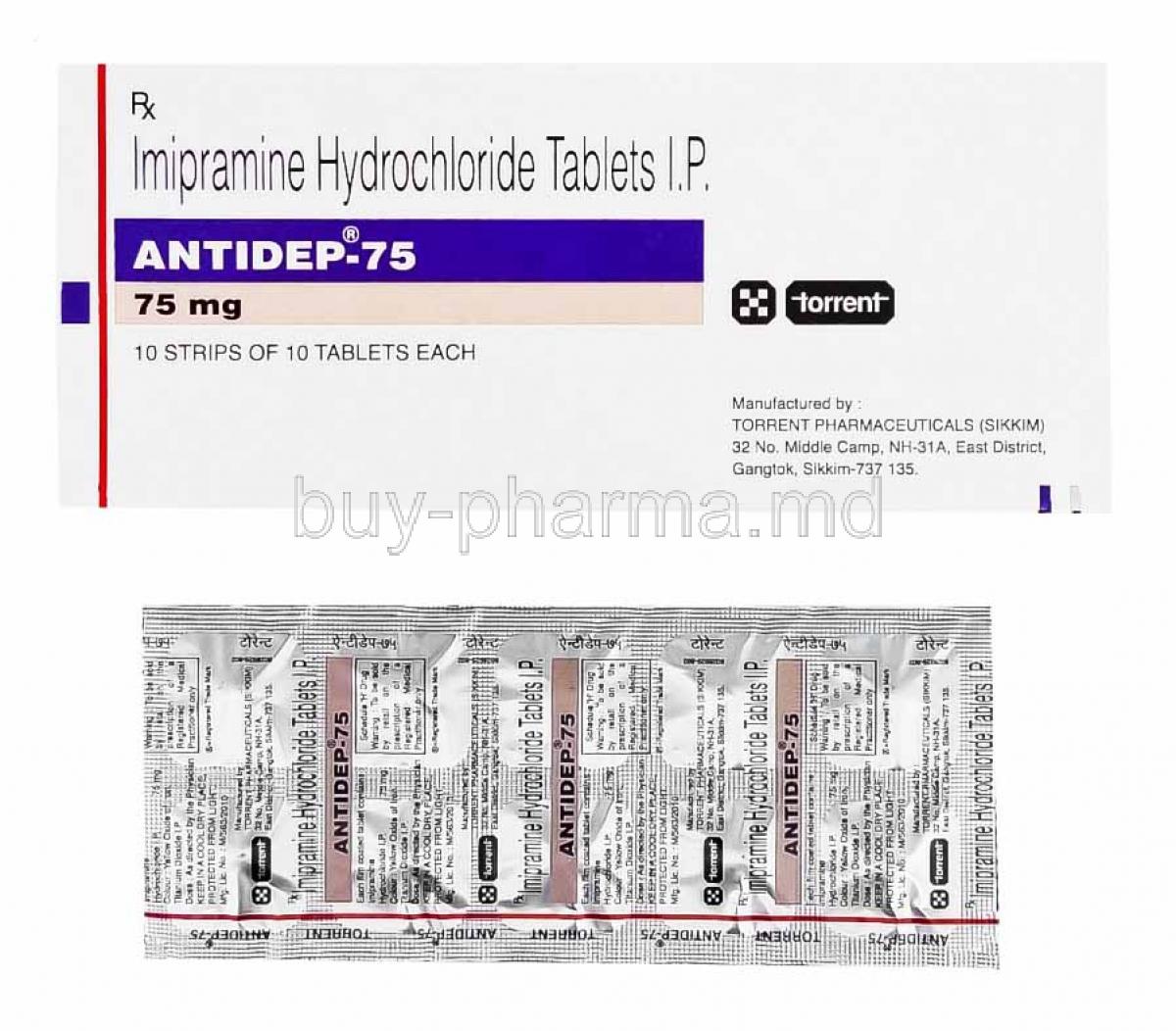 Antidep, Imipramine 75mg box and tablets