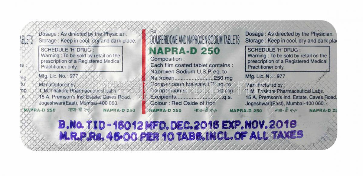 Napra-D, Naproxen and Domperidone 250mg tablets back