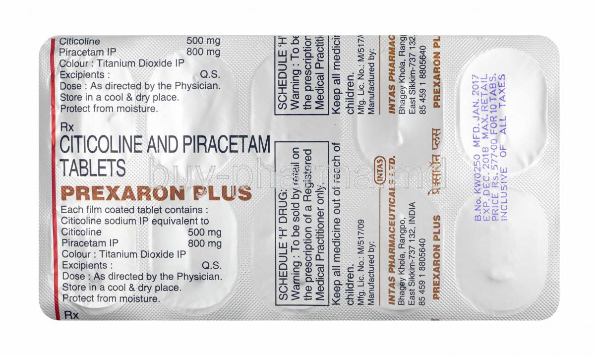 Prexaron Plus, Citicoline and Piracetam tablets back