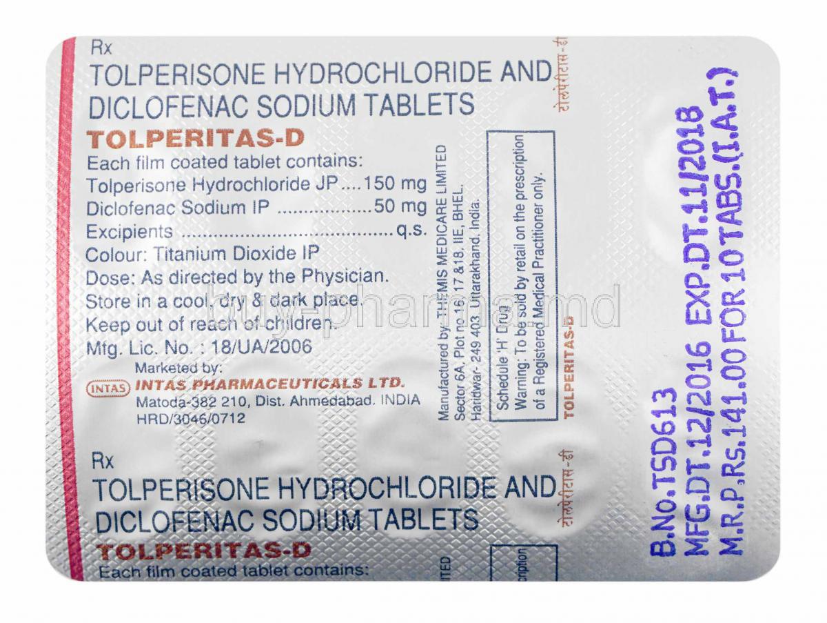 Tolperitas-D, Tolperisone and Diclofenac tablets back