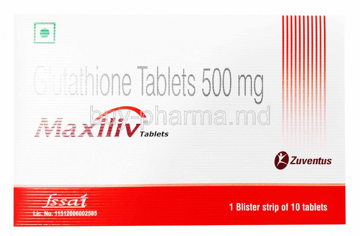 Glutathione 500 mg, Maxiliv, Zuventus, Box front presentation