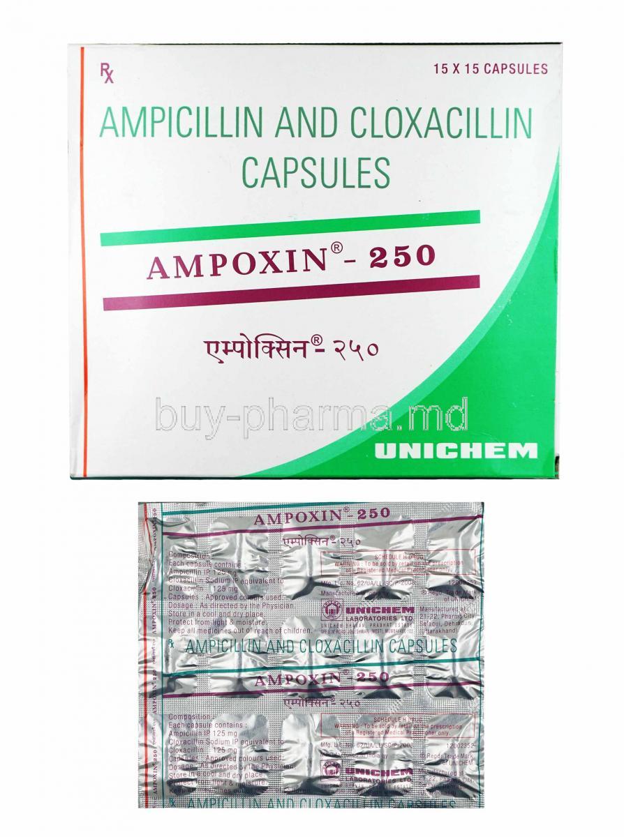 Ampoxin, Ampicillin 125mg and Cloxacillin 125mg box and capsules