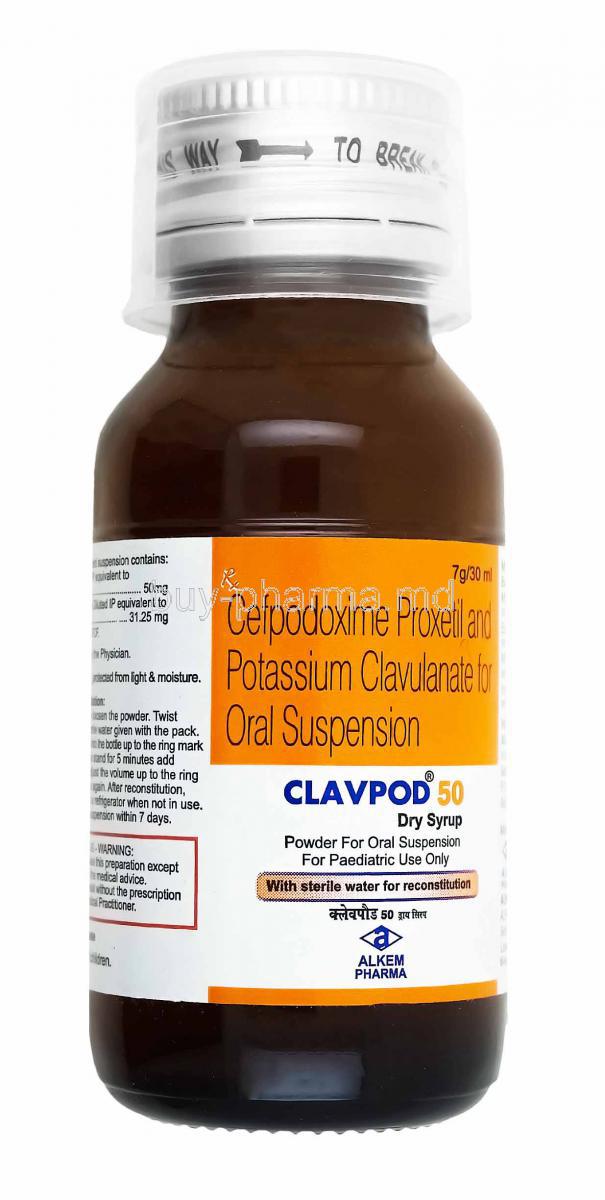 Clavpod Dry Syrup, Cefpodoxime and Clavulanic Acid bottle