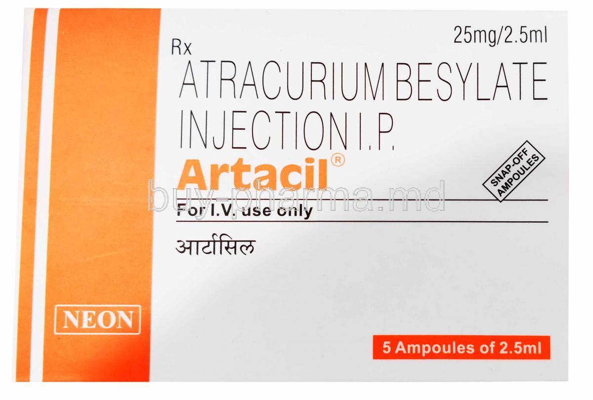 Artacil, Atracurium Injection, 5 amps 25mg/2.5ml, Neon, Box front presentation