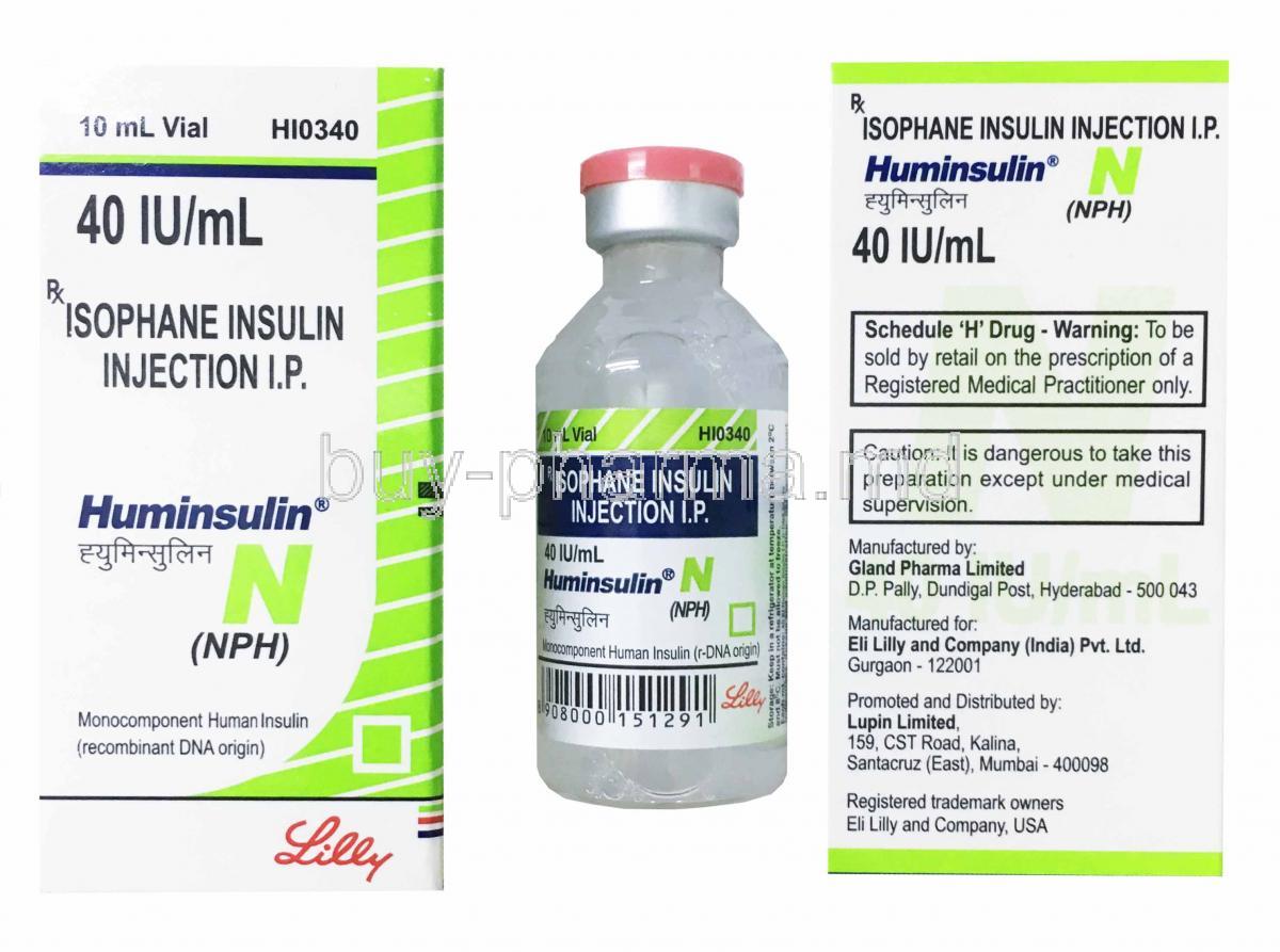 Huminsulin Injection, Isophane Insulin Injection I.P 40IU/mL 10mL vial, Lilly, Box and vial front presentation