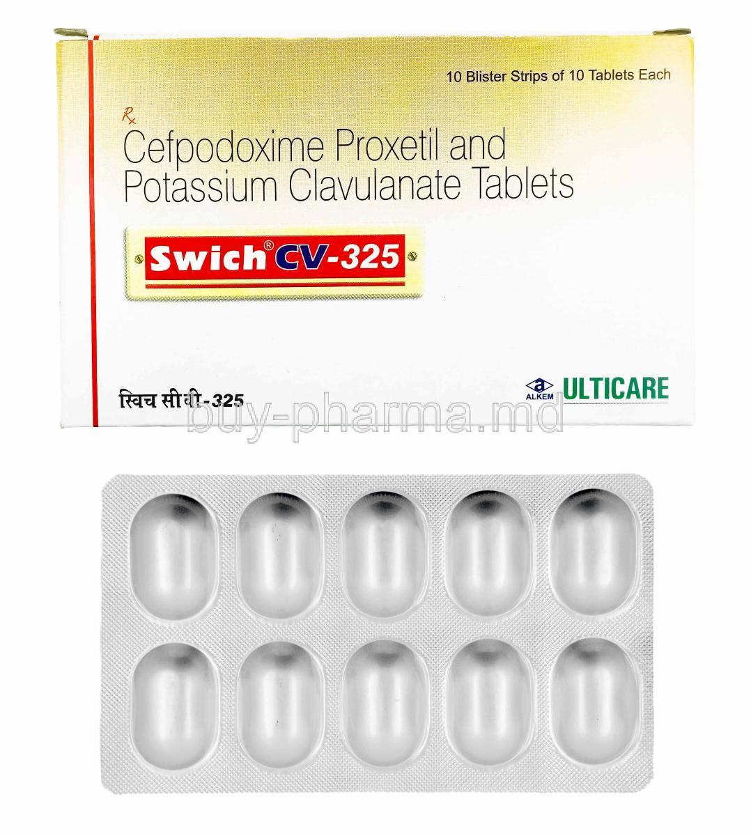 Swich CV, Cefpodoxime and Clavulanic Acid box and tablets