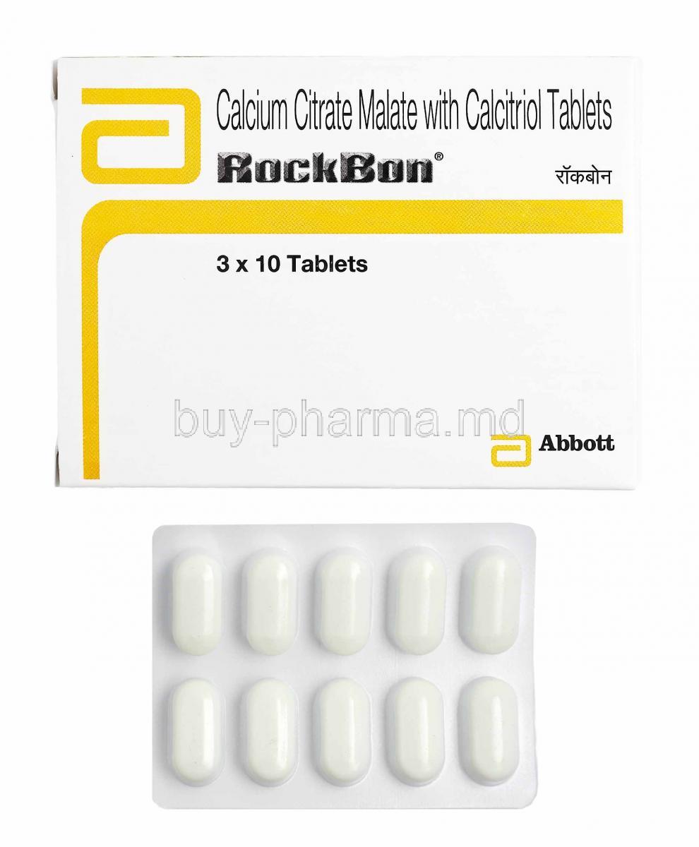 Rockbon, Calcium and Calcitriol box and tablets