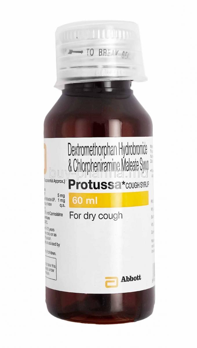 Protussa Cough Syrup, Chlorpheniramine and Dextromethorphan bottle